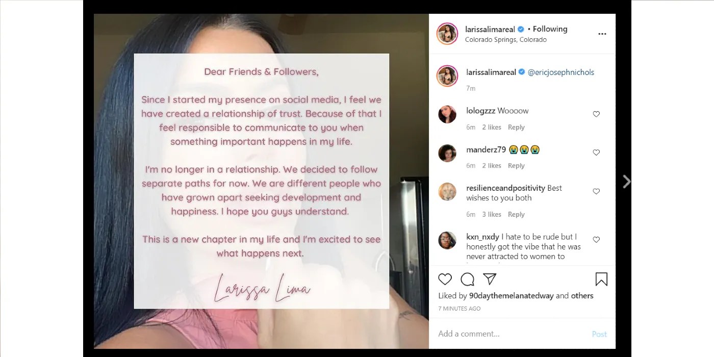 90 Day Fiancé: Larissa Lima Confirms Breakup With Eric Nichols On Instagram