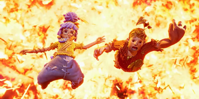 Cody and May flying from an explosion in It Takes Two