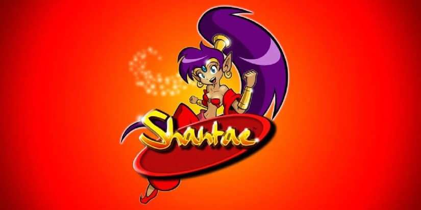 The title art for the original Shantae showing a purple-haired character jumping and smiling behind the logo.