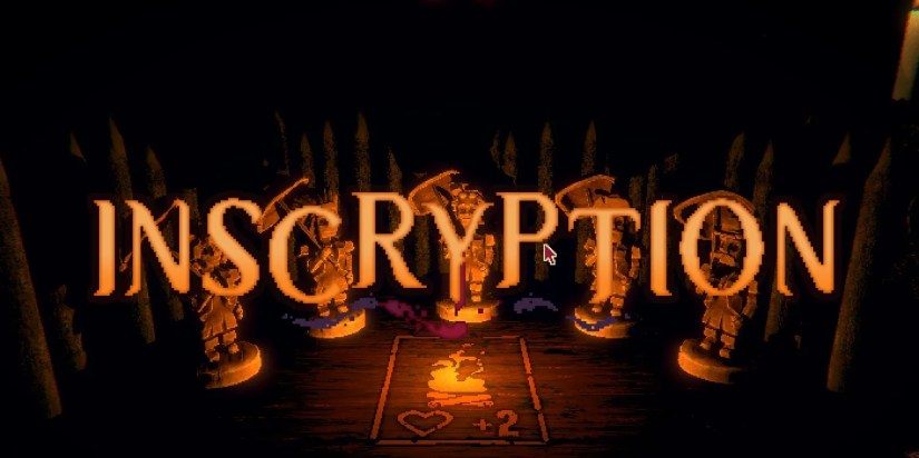 Inscryption is written above a card and figures.