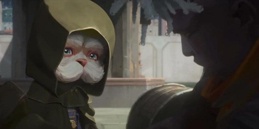 Heimerdinger wearing a hoodie while he talks with Ekko in Arcane