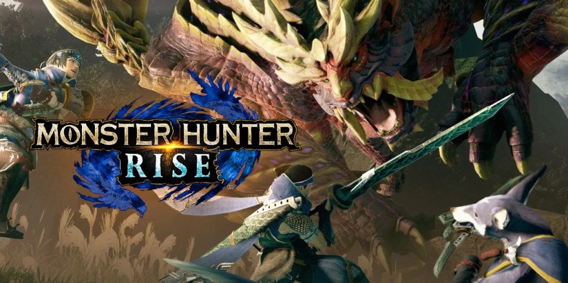 A pair of hunters and their Palamutes hunting a Monster Hunter Rise promo art