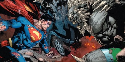 Comic book art: Superman (left) charging into battle against Doomsday (right.)