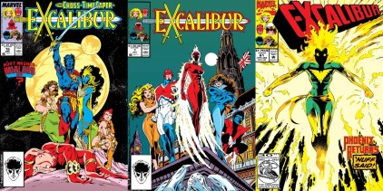 Split image of comic covers of Excalibur 16, 1, and 61.