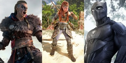 Split image of Assassins Creed Valhalla, Horizon and Black Panther video game feature