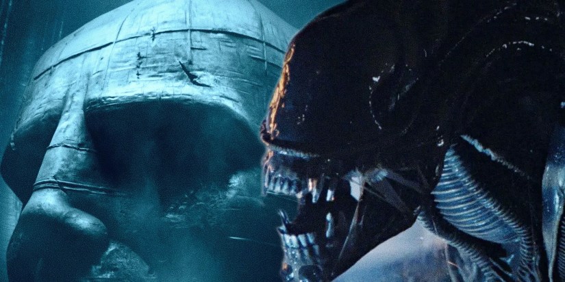 A Xenomorph from Alien in Front of the Face from Prometheus