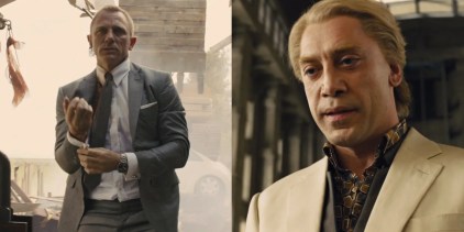 Split image of Bond adjusting his cufflink and Silva smiling menacingly in Skyfall