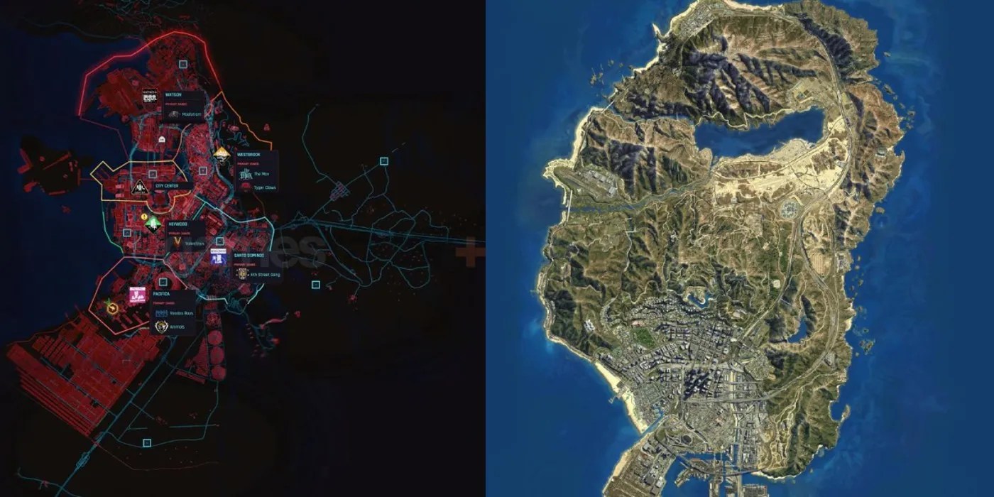 GTA 5's Map Compared To Cyberpunk 2077's Night City