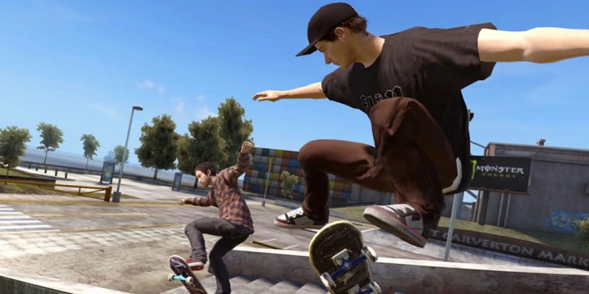 Two skaters in Skate 3 doing tricks down stairs.