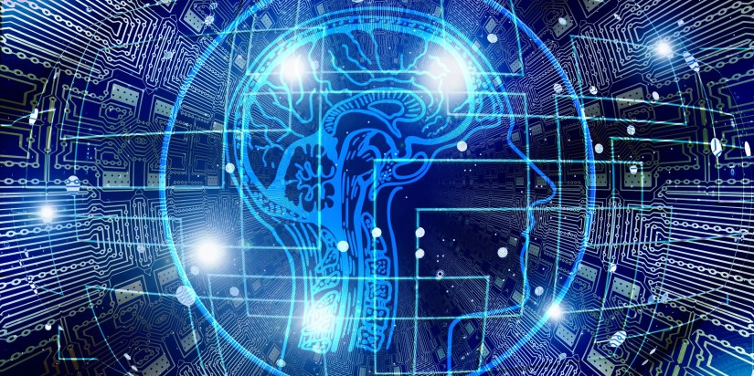 A digital render showing the outline of a human head and brain in blue, with white flashes of light, overlaid on a background with computer chip design