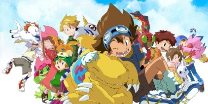 Digimon Adventure group shot showing Tai hugging Agumon alongside the other Digi-Destined.