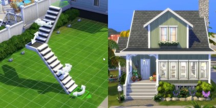 Split image of configurable stairs and a pretty house in The Sims 4.