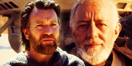 Ewan McGregor and Alec Guinness as Obi-Wan Kenobi.