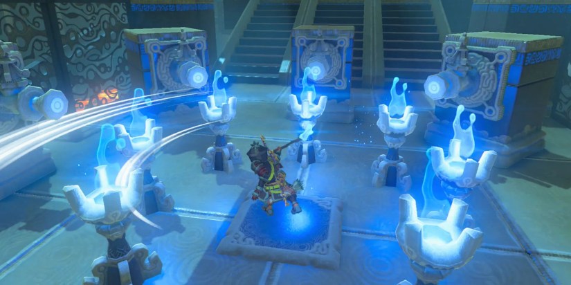 Link uses a spin attack to light a circle of torches with blue flame in The Legend of Zelda: Breath of the Wild