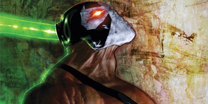 Comic book art: Bane looks up with glowing red eyes.