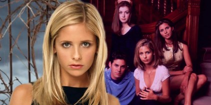 Blended image of Buffy Summers (Sarah Michelle Gellar) and the Buffy the Vampire Slayer season 1 cast