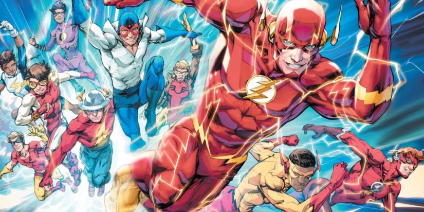 Comic book art: Barry Allen’s Flash leads the Flash Family in a run.