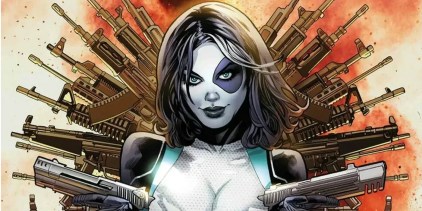Comic book art: Marvel assassin Domino wielding two pistols, with a throne of rifles jutting out from behind her