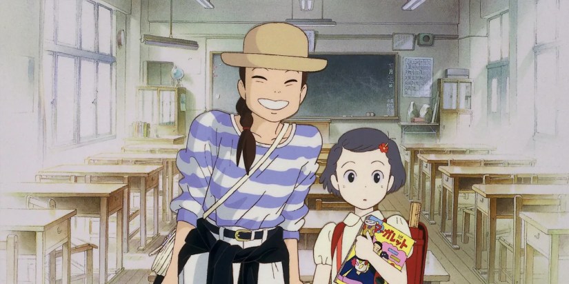 Ghibli&rsquo;s Only Yesterday poster contrasting the main heroine with her younger self in front of a classroom.