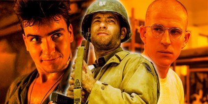 Collage of Charlie Sheen in Platoon, Tom Hanks with a gun in Saving Private Ryan, and Joker in Full Metal Jacket