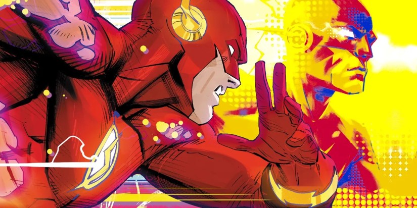 Comic book art: a superhero in a red suit (the Flash) runs with a serious face.