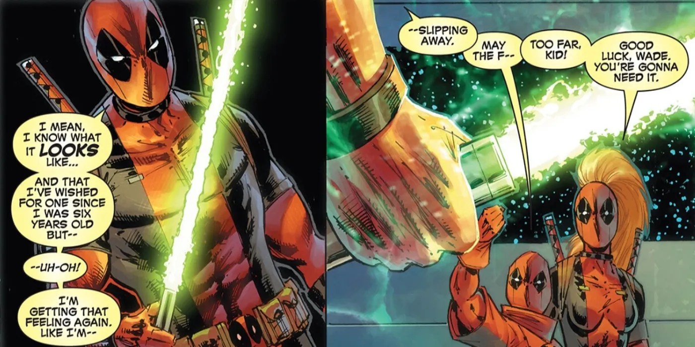 Deadpool wielding a lightsaber.