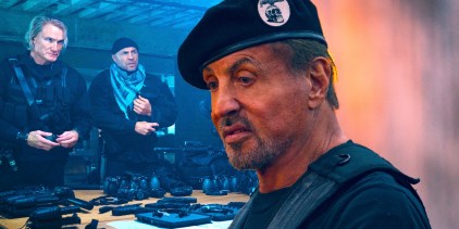 Expendables 4 collage of Sylvester Stallone in foreground with Dolph Lundgren and Randy Couture with a lot of guns on the table behind him.