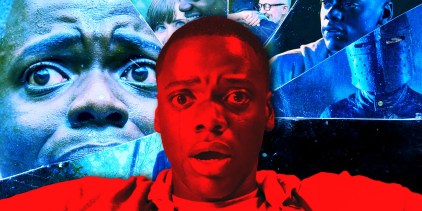 Collage of Chris from Get Out looking scared and the Get Out poster with characters in various glass shards in the background