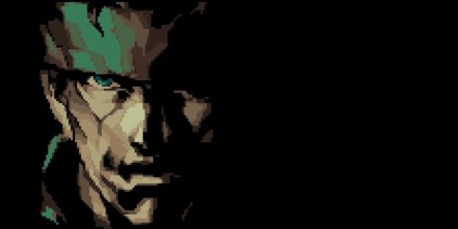 Image from the intro of Metal Gear 2 Solid Snake shows a half shadowed closeup of Solid Snake&rsquo;s face from the NES game.