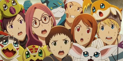 The 02 DigiDestined and their Digimon looking shocked at the camera.