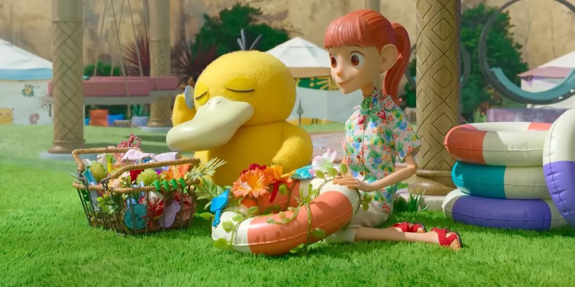 Pokemon Concierge moment featuring Haru and Psyduck sitting together.