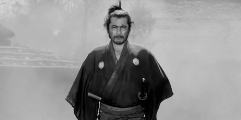 Toshiro-Mifune emerging from smoke in Yojimbo