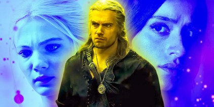 Ciri (Freya Allan) next to an angry Geralt (Henry Cavill) and Yennefer (Anya Chalotra) in The Witcher