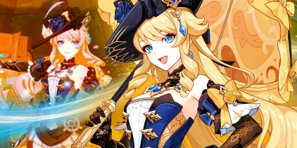 Genshin Impact’s Navia smiles with her umbrella, while a blurred version of herself poses in the background.