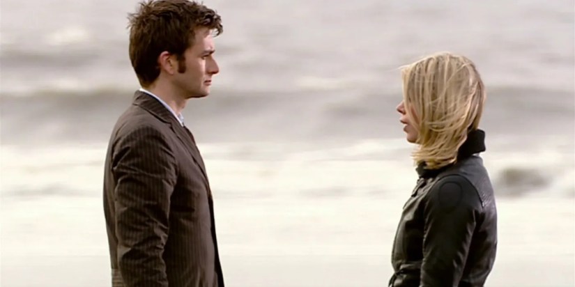 David Tennant as the Tenth Doctor and Billie Piper as Rose saying goodbye on Bad Wolf Bay in the Doctor Who episode Doomsday.