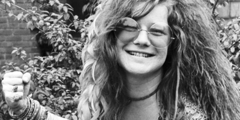 A black and white photograph of American rock star Janis Joplin