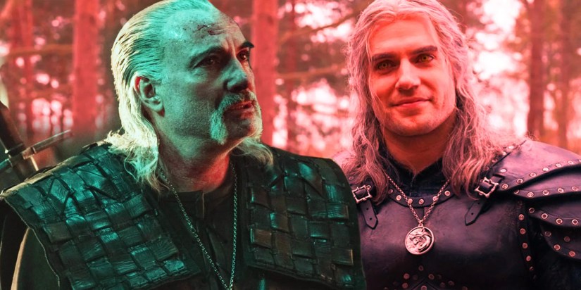 Vesemir concerned next to a smiling Geralt in The Witcher