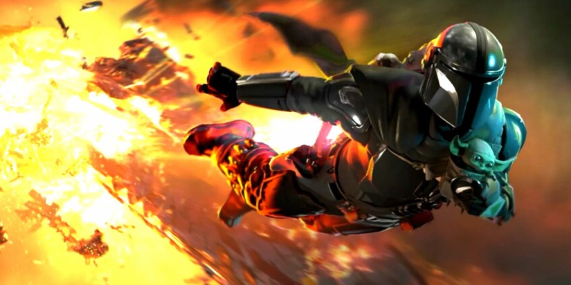 Din Djarin and Grogu fly away from an exploding ship in concept art for The Mandalorian &amp; Grogu Star Wars movie