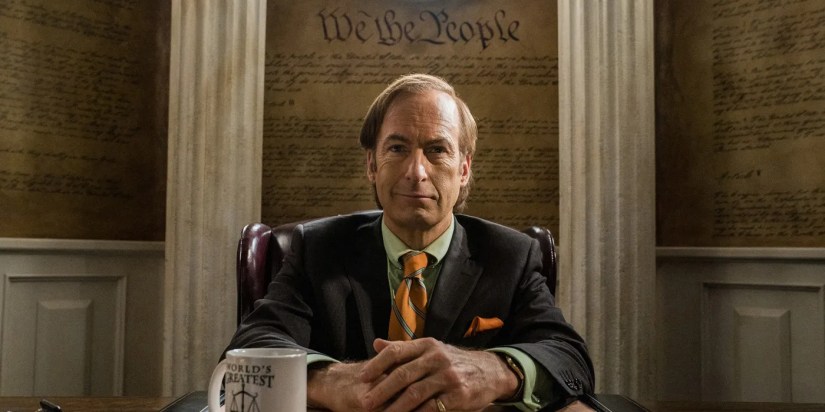 Jimmy/Saul Goodman (Bob Odenkirk) sitting in his office in Better Call Saul.