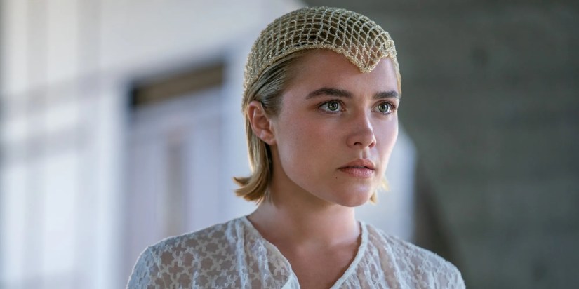 Florence Pugh&rsquo;s Princess Irulan wearing a white blouse and looking concerned in Dune 2