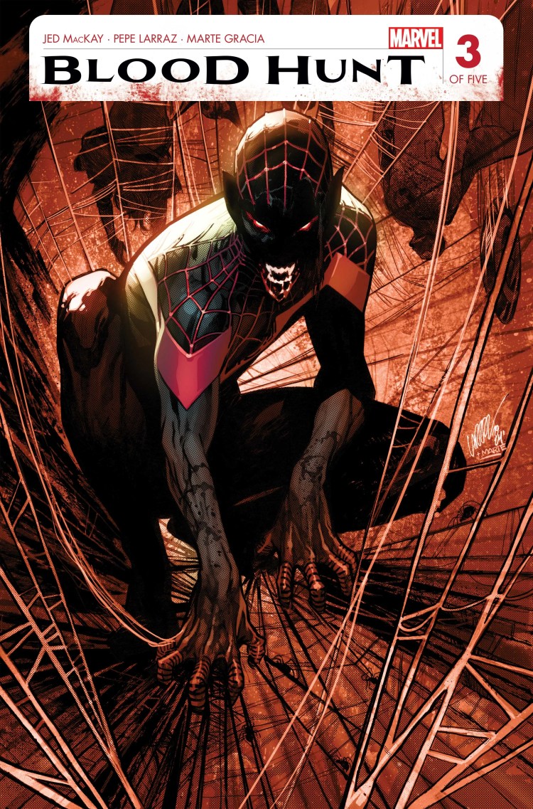Comic book cover: Spider-Man Miles Morales crouches as a vampire.