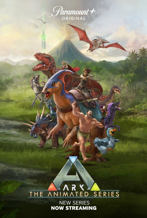 Ark- The Animated Series Poster Showing Humans Riding Dinosaurs in Front of a Volcano