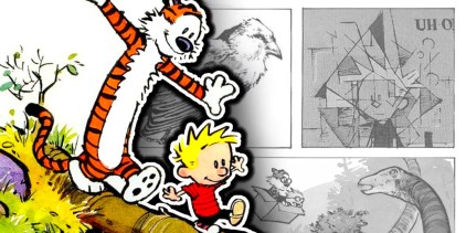 Calvin and Hobbes cross a tree bridge, with Bill Watterson art in the background in grayscale.
