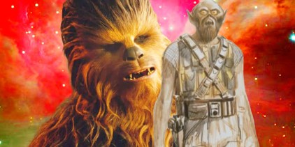 Chewbacca (Joonas Suotamo) in Star Wars: Episode IX - The Rise of Skywalker next to Ralph McQuarrie’s early concept art of the character for A New Hope set against a starry background tinted red and pink