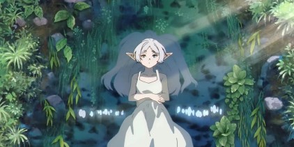 Frieren of Frieren: Beyond Journey’s End floating in a stream in her white dress