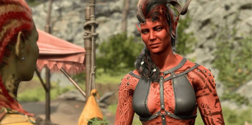 Karlach looking lovingly at the player in Baldur&rsquo;s Gate 3