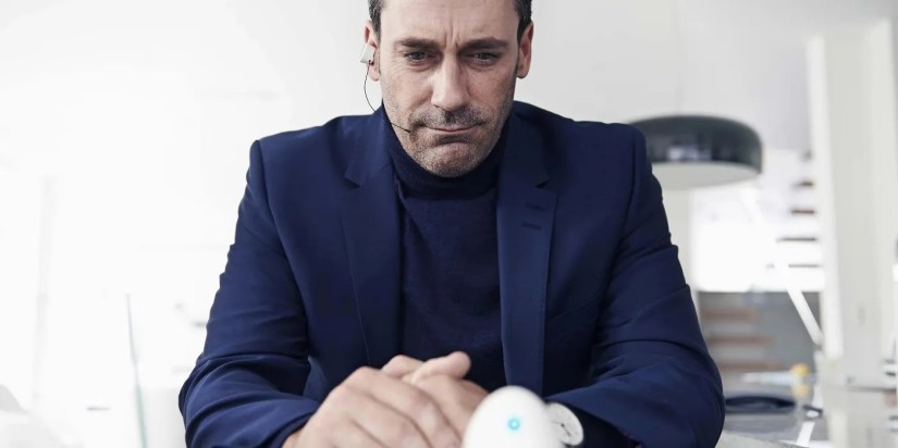 Interrogator Matt looking at a small white egg in the Black Mirror episode White Christmas