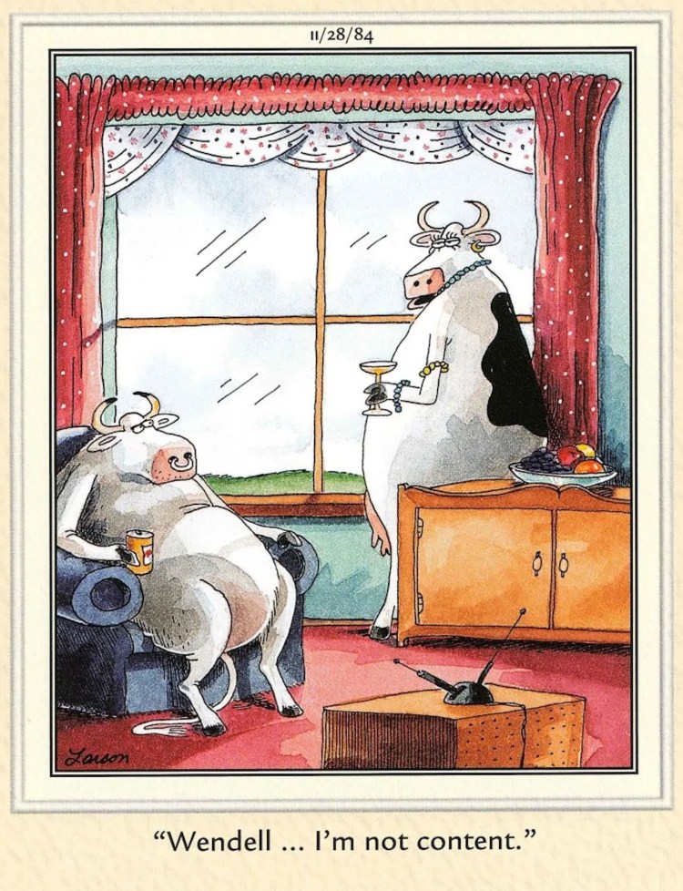 Far Side, November 28, 1984, a cow tells her husband she&rsquo;s not content.