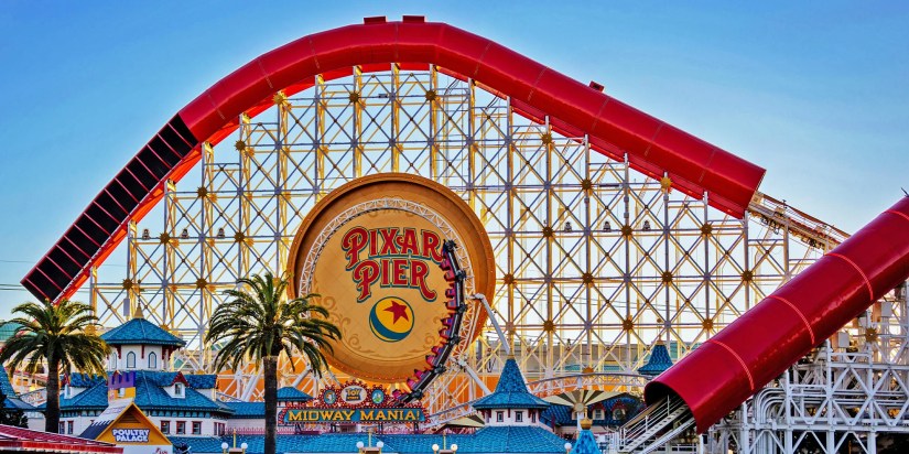 A picture of the Incredicoaster and Pixar Pier sign at Disney California Adventure Park