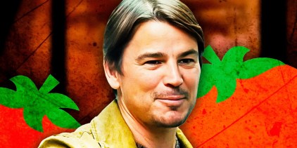 Josh Hartnett in Trap movie with the Rotten Tomatoes logo behind him
